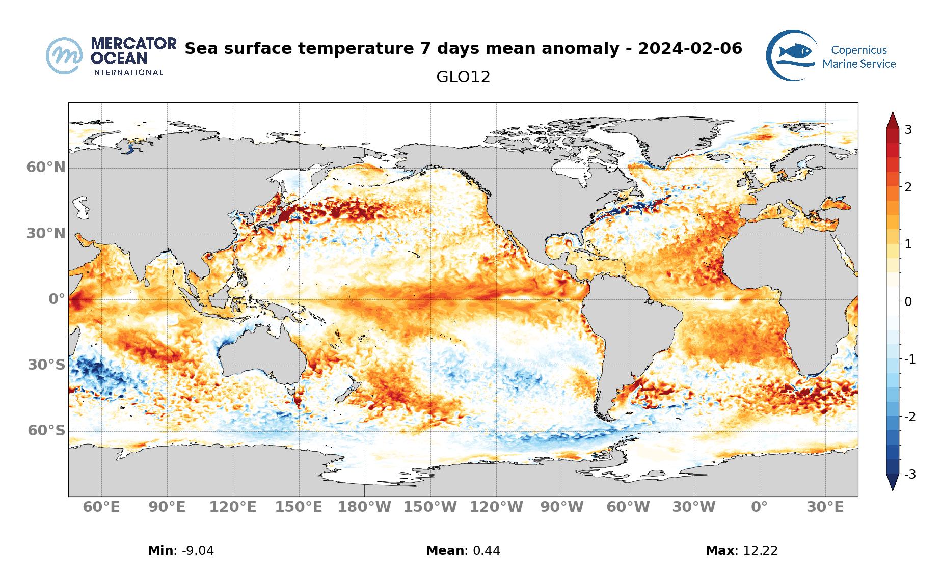 Marine Heatwave Bulletin 30 January 2024 Mercator Ocean   Anomalies Global Forecast 20240206 1 