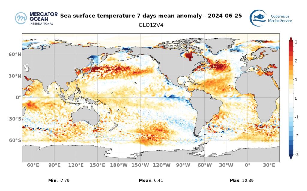 Weekly temperature anomaly maps for marine heatwaves