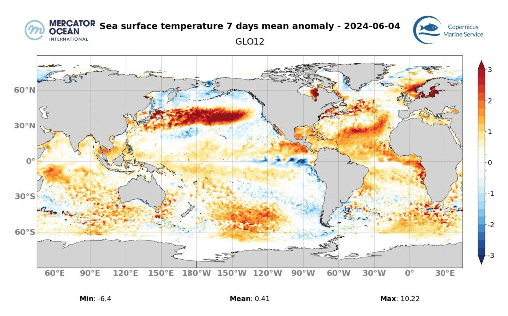Weekly temperature anomaly maps for marine heat waves