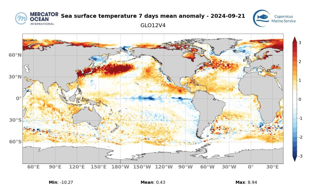 Cartes des anomalies hebdomadaires de température des vagues de chaleur marine